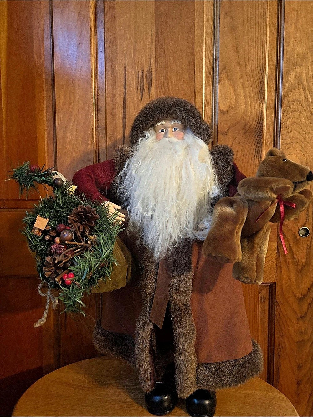 Santa Claus Holiday Decor Figure with Teddy Bear